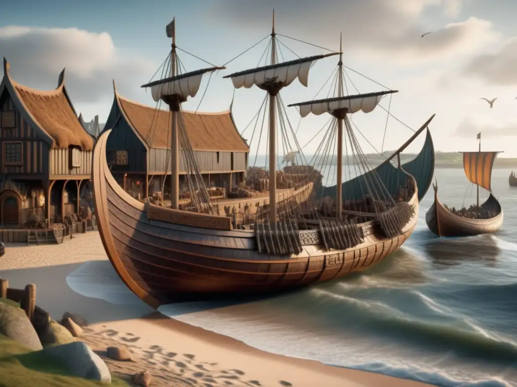 Escena vibrante de un puerto de comercio vikingo en Inglaterra con detalles intrincados e inspiradores