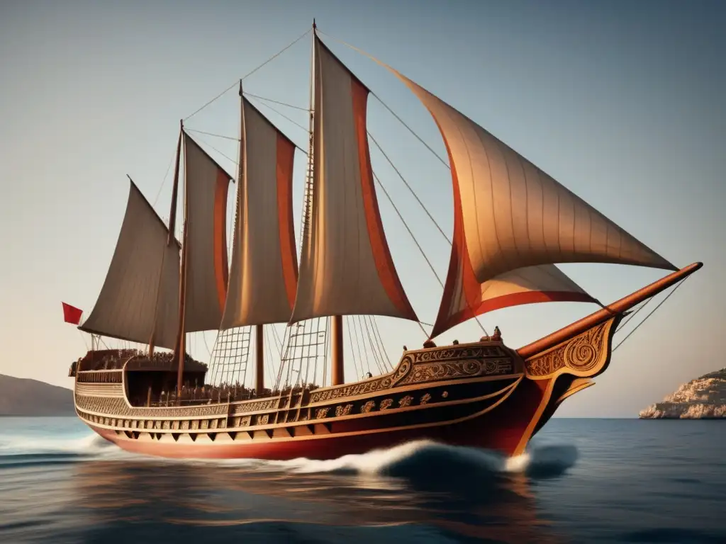 Quinquereme griego navegando en el mar Egeo Quinquerreme antigua en el mar Egeo: barco griego con detalles y paisaje costero, 'Las Naves de la Antigua Grecia: Triremes y Quinquerremes'