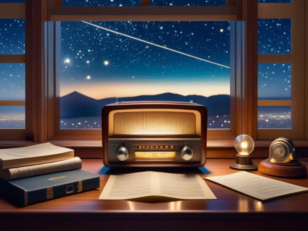 Radio vintage en una mesa rodeada de papeles científicos y vista a la noche estrellada