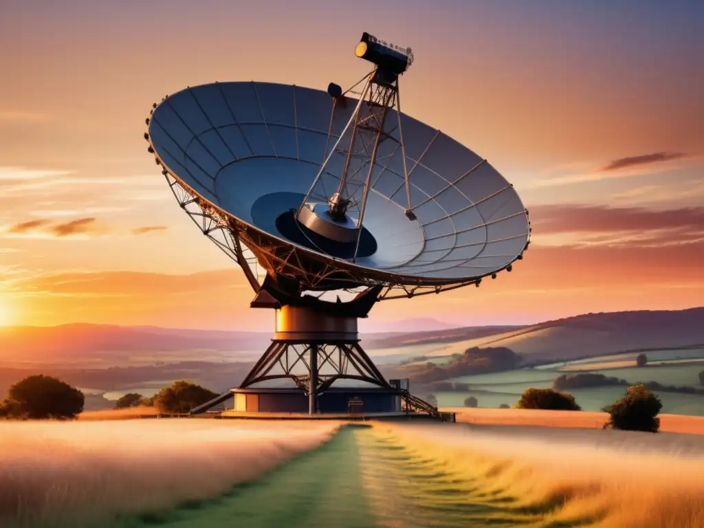 Radiotelescopio vintage en atardecer inspirador: búsqueda de inteligencia extraterrestre