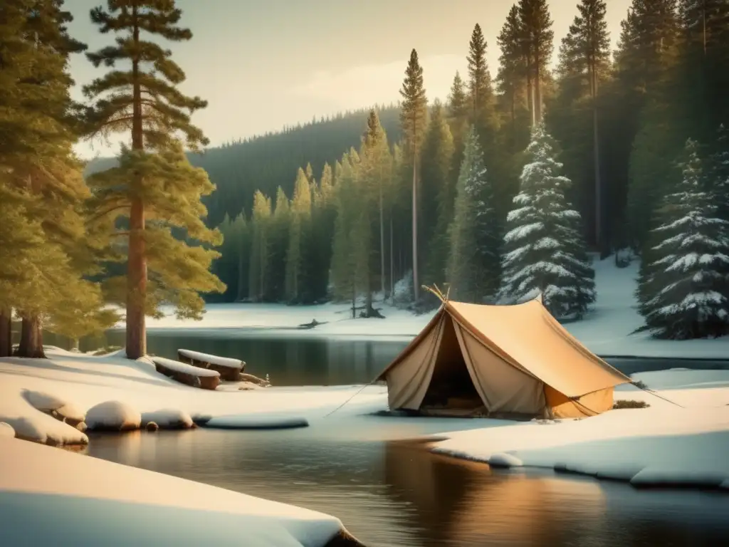 Un refugio de emergencia bien construido en un paisaje nevado con un río sereno