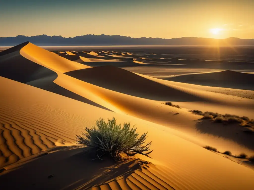 Paisaje cautivador en el desierto de Kyzylkum, con plantas resilientes y cielo azul: nostalgia y belleza atemporal