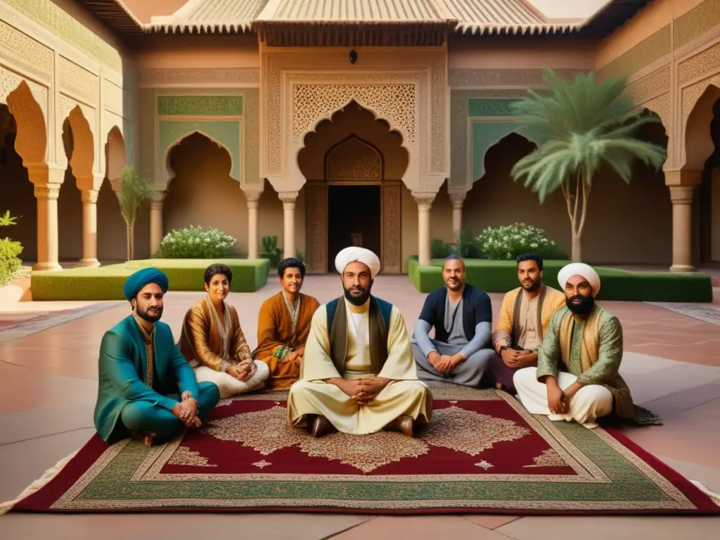 La fascinante vida de Ibn Battuta: El Marco Polo musulmán, rodeado de su amorosa familia en un patio soleado, lleno de vida y tradición