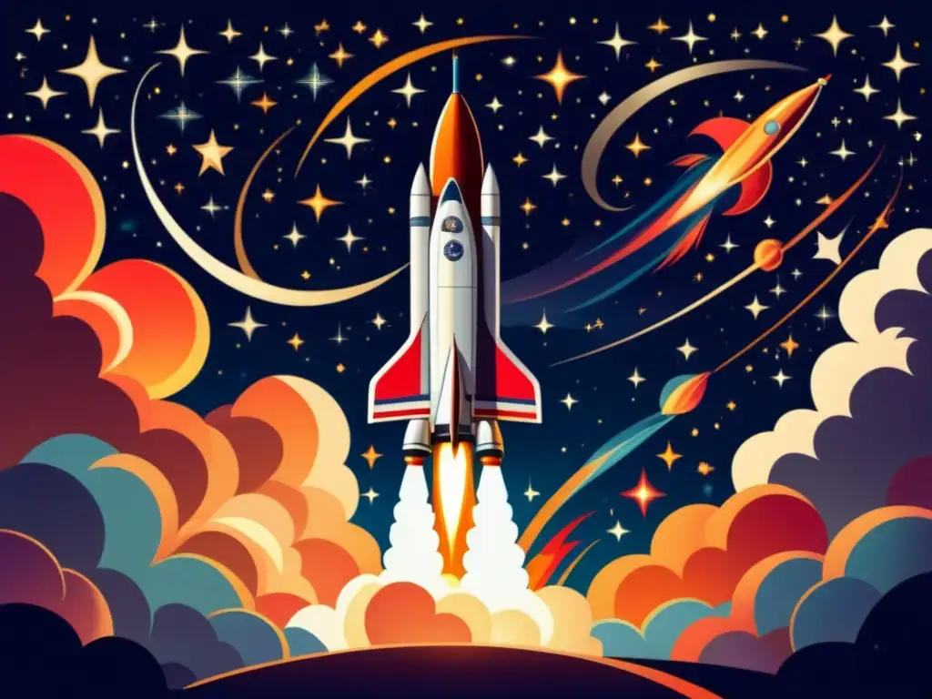 Lanzamiento de cohete vintage al espacio Lanzamiento histórico de cohete, avance tecnológico cambiando el mundo