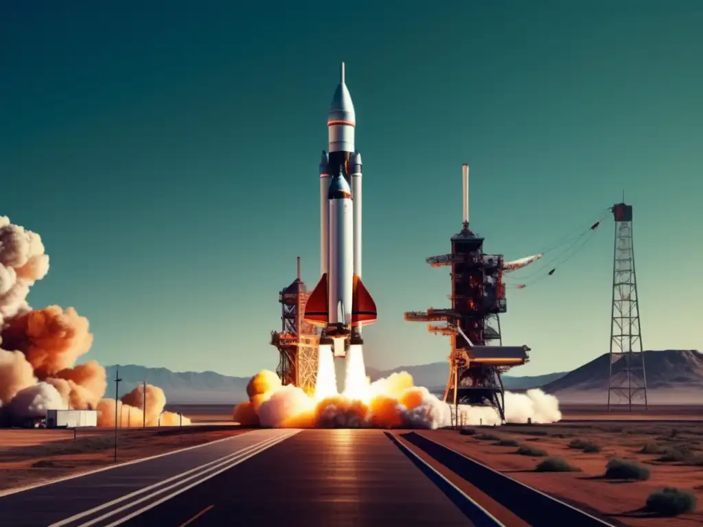 Avances emocionantes en tecnología y transporte en la exploración: Rocket vintage en la noche estrellada