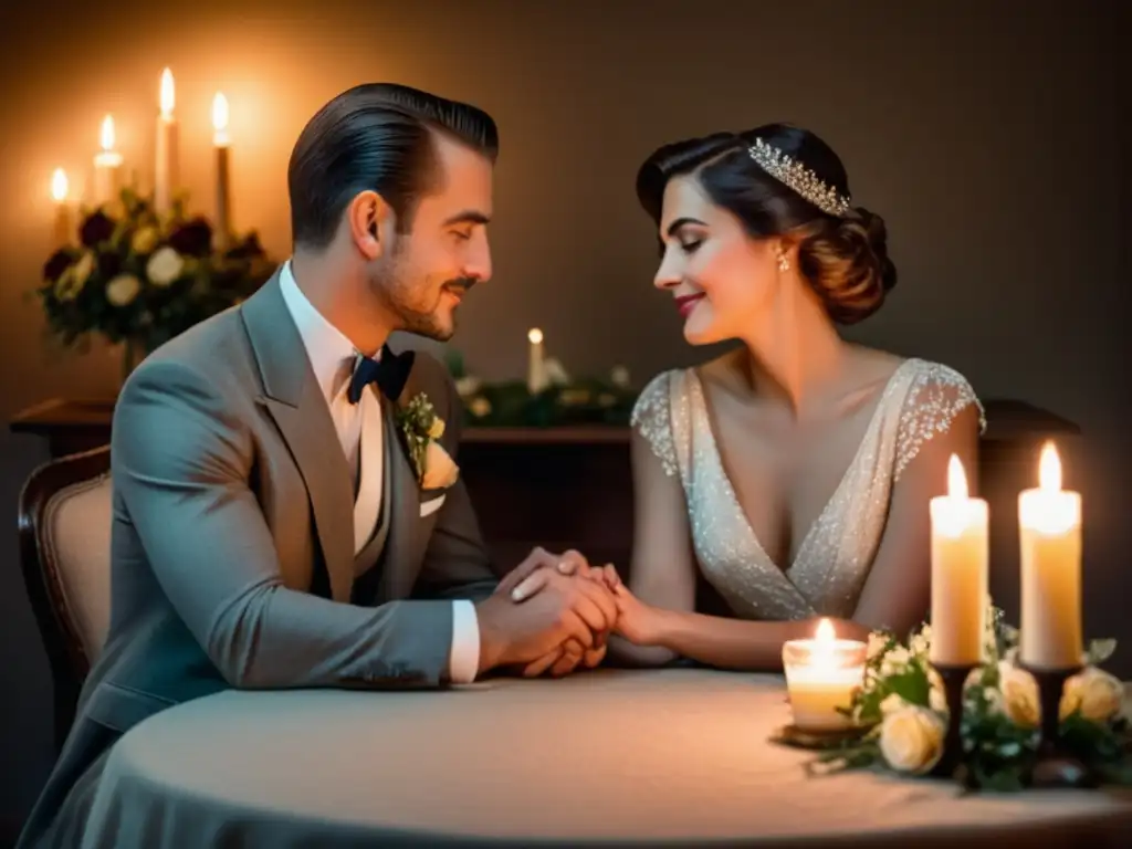 Una pareja romántica disfrutando de una cena íntima en una habitación acogedora y con estilo vintage