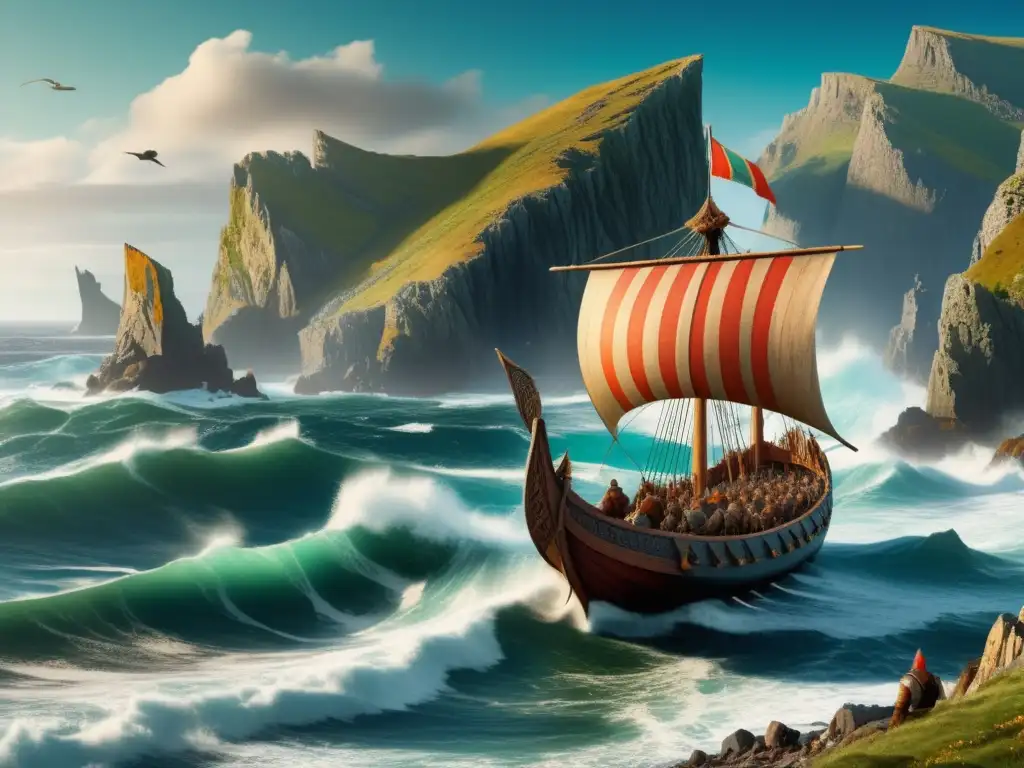 Rutas Terrestres Vikingas: Costa rocosa con acantilados altos, barco Vikingo, asentamiento medieval y ambiente misterioso