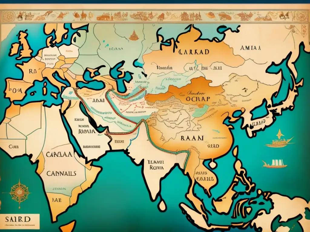 Mapa antiguo de la Ruta de la Seda, desgastado por el tiempo, con ilustraciones detalladas de caravanas y puestos comerciales