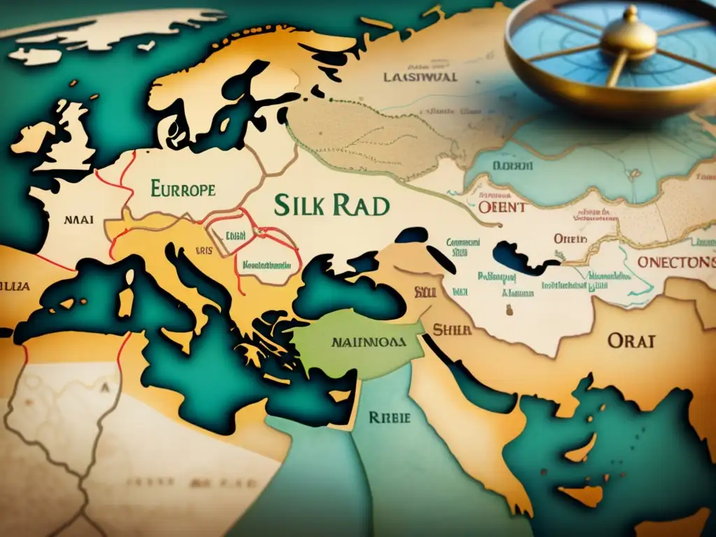 Mapa antiguo de la Ruta de la Seda con detalles culturales, ciudades y destacados de Marco Polo