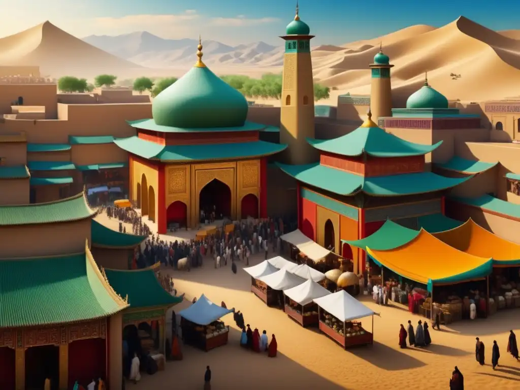 Mercado bullicioso en la Ruta de la Seda Ruta de la Seda: Intercambio cultural, arte, arquitectura y religión en una imagen de 8k detallada