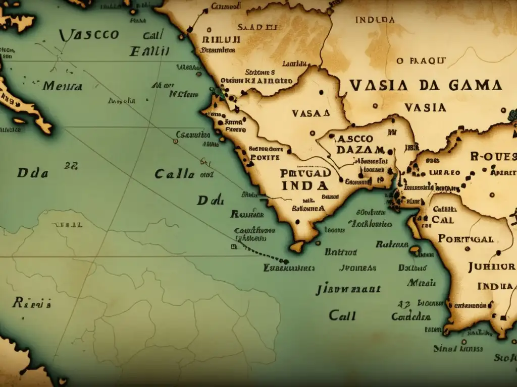 Ruta de Vasco da Gama hacia la India en mapa vintage de 8k, con detalles geográficos y destinos clave