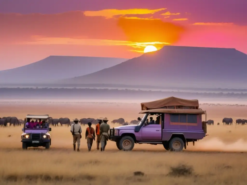 Expediciones en África: Exploradores en la savannah africana al atardecer