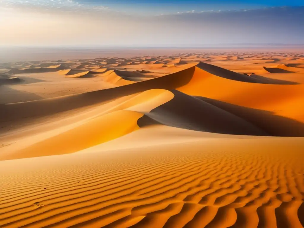 Paisaje expansivo del desierto del Sahara con dunas de arena dorada y arqueología enterrada - Descubrimientos en el Sahara