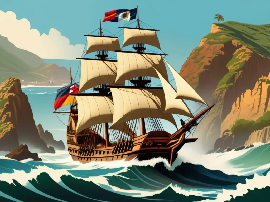 Ilustración vintage del barco San Salvador de Juan Rodríguez Cabrillo navegando por la costa de California