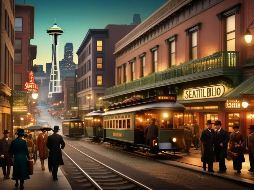 Imagen de la histórica ciudad subterránea de Seattle en los años 1900s con arquitectura vintage y una animada escena callejera