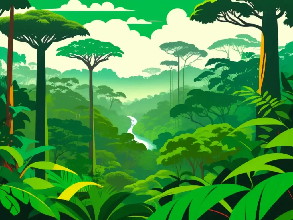 Exuberante ilustración estilo vintage de la selva amazónica, con abundante flora y fauna, reflejando la biodiversidad de la región