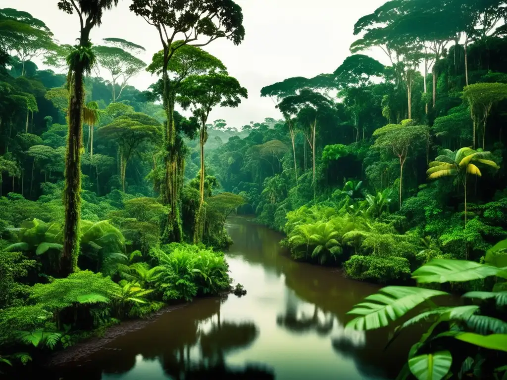 Exuberante selva del Amazonas, con árboles altísimos y un río serpenteante: expedición de Orellana al Amazonas