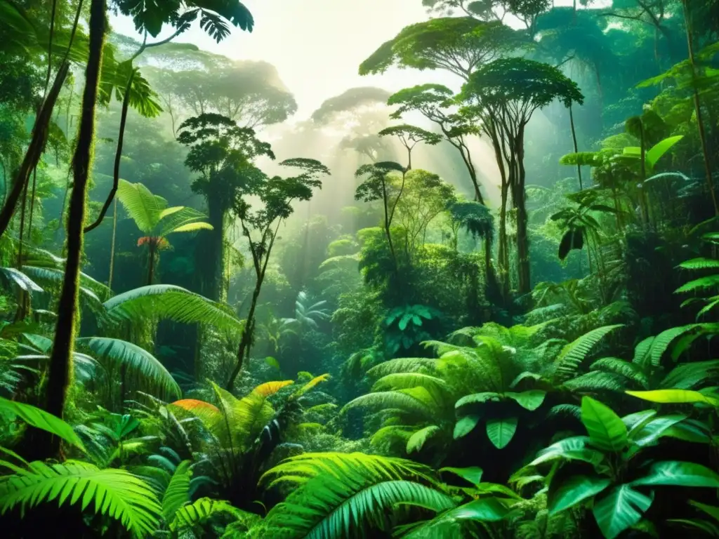 Expediciones al Amazonas: Imagen impresionante de un exuberante y denso bosque tropical con árboles imponentes, flora exótica y vida salvaje