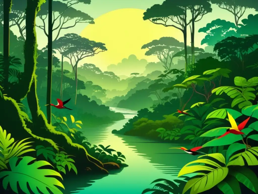 Exuberante ilustración estilo vintage del Amazonas, con selva densa, río sinuoso y aves exóticas