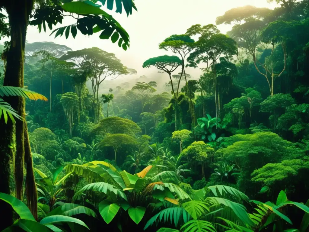 Expediciones al Amazonas: denso y exuberante bosque tropical con árboles altos, lianas y aves exóticas en un entorno laberíntico