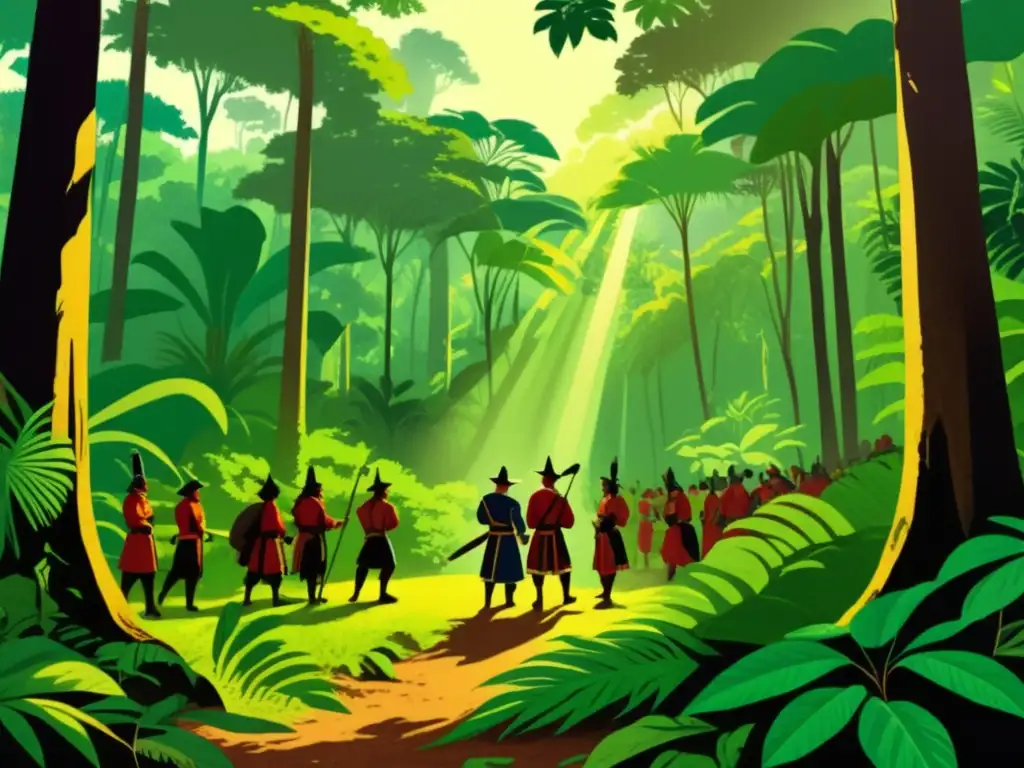 Expediciones al El Dorado: ilustración de una exuberante jungla con árboles altos, vestidos de follaje verde vibrante