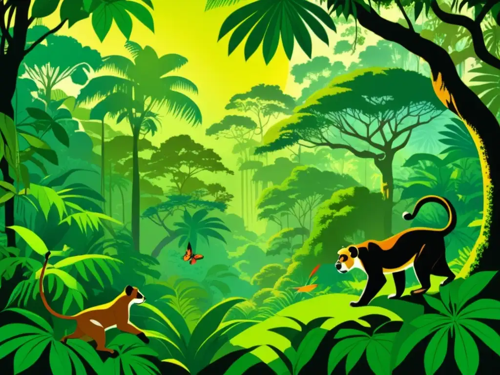 Ilustración vintage de una exuberante selva tropical con fauna y río