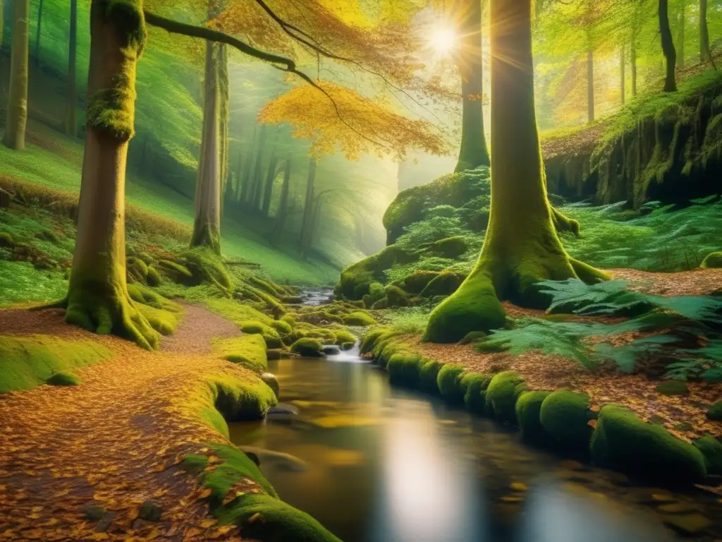 Bosque verde exuberante con árboles majestuosos, arroyo cristalino y atmósfera encantadora