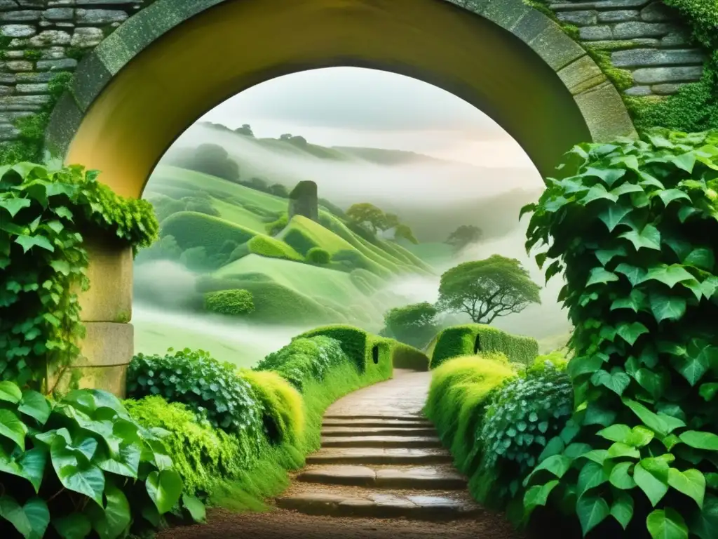 Misty landscape with rolling hills, a stone archway covered in ivy, and a glimpse of mythical Avalon Island