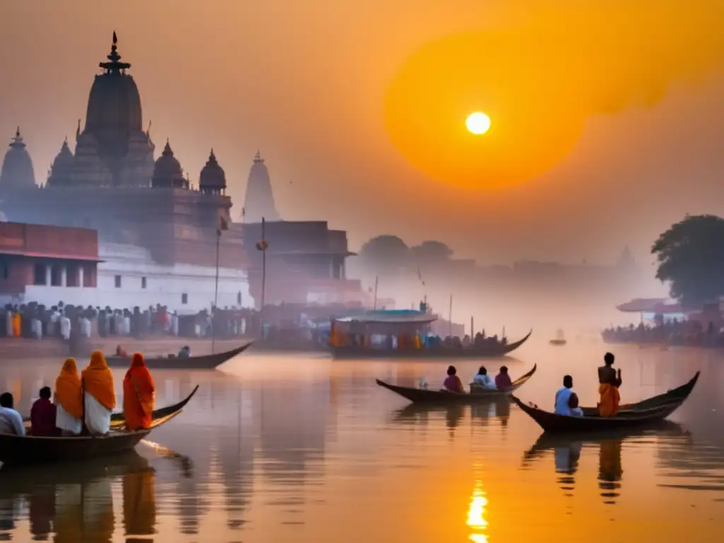 Ruta peregrinación budista en Varanasi, India: vista del río Ganges al amanecer, con peregrinos hacia el lugar sagrado