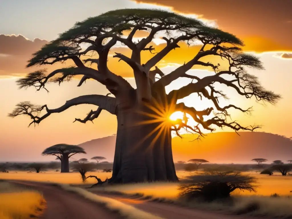 Paisaje africano al atardecer con baobab, río, nativos, animales y aves - Livingstone y Stanley