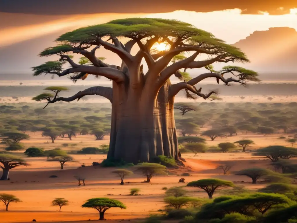 Paisaje africano: baobabs, río serpenteante, atardecer vibrante