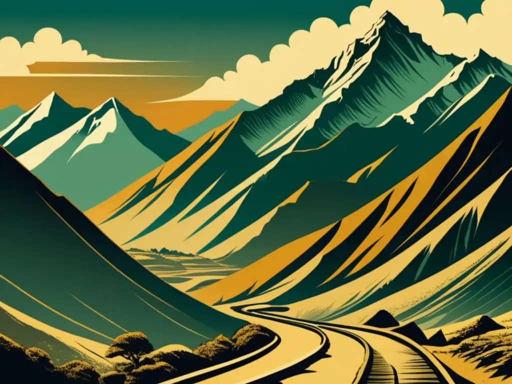 Ilustración vintage de las dificultades geográficas en la Ruta de la Seda