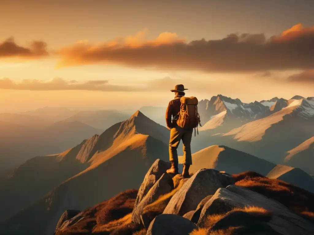 Montañero solitario en la cima, paisaje majestuoso