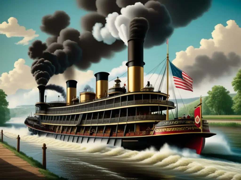 Steamboat vintage en plena Revolución Industrial Barco a vapor de la Revolución Industrial navegando por el río con paisaje y detalles ornamentados