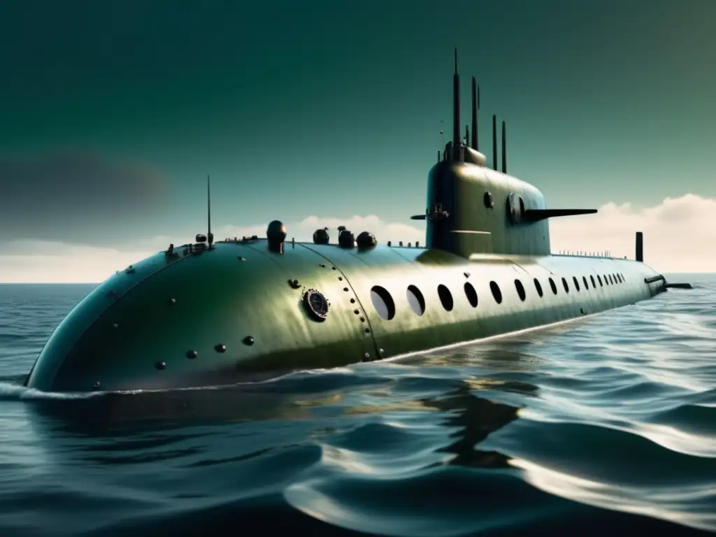 La invención del submarino: Explorando los misterios del océano, submarino vintage emergiendo con detalle-