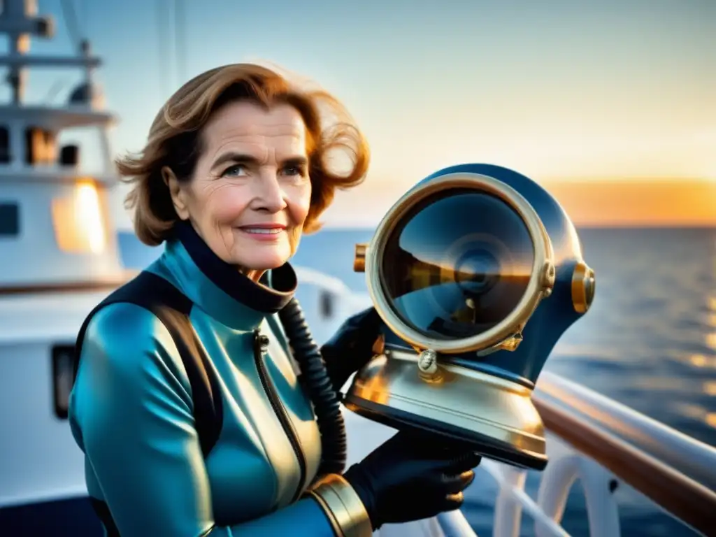 Sylvia Earle en expediciones submarinas, con el mar azul detrás, mostrando su pasión y determinación