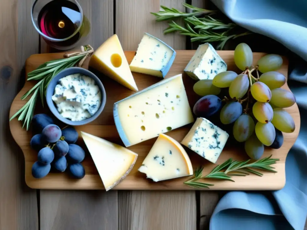 Tabla de queso azul con variedad de quesos, uvas frescas y toque de nostalgia