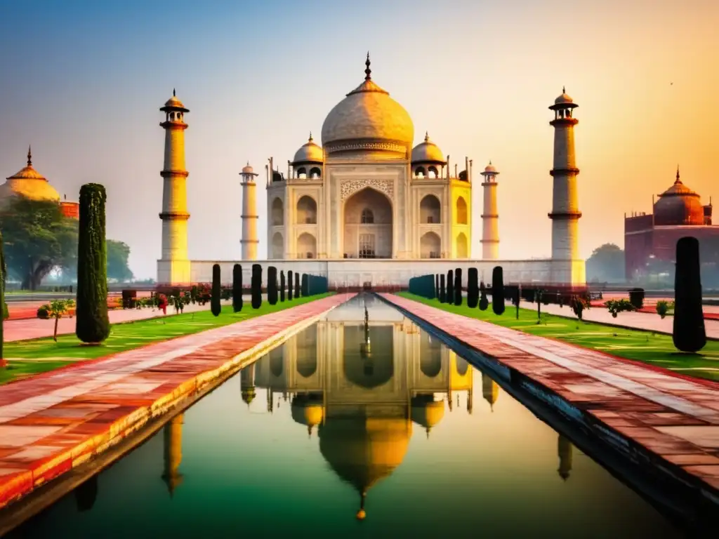 Maravillosa imagen del Taj Mahal al amanecer, con su icónico mármol blanco brillando en la suave luz dorada