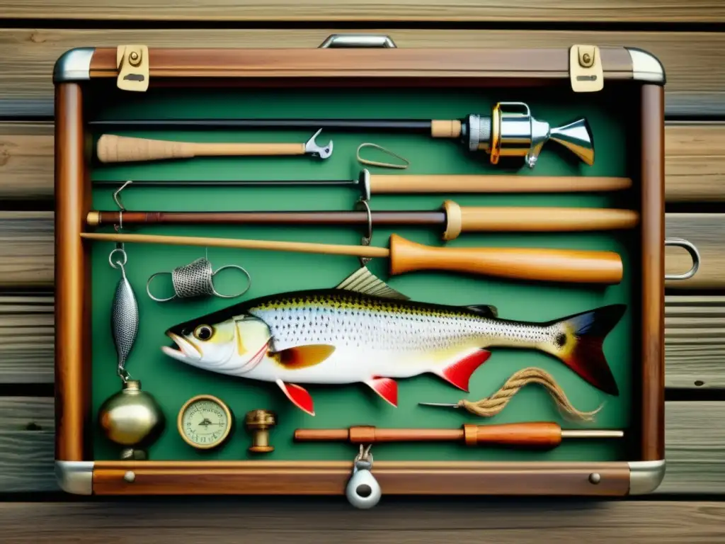 Técnicas pesca ríos y mares: Gear vintage en mesa de madera