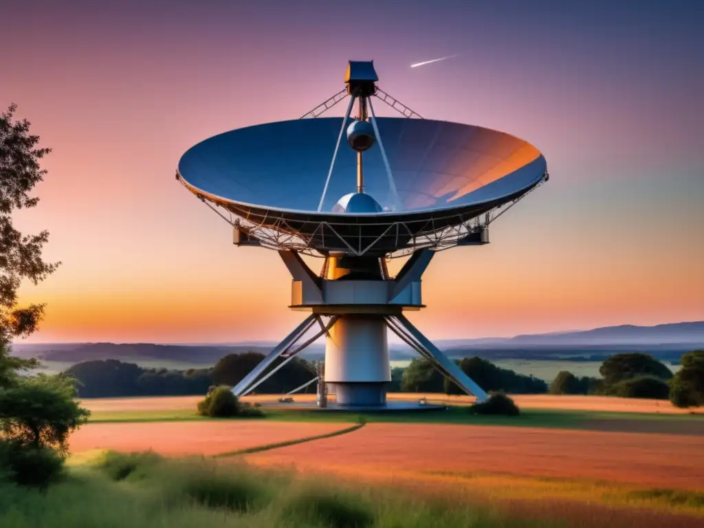 Radiotelescopio en paisaje sereno con atardecer pintoresco - búsqueda de inteligencia extraterrestre