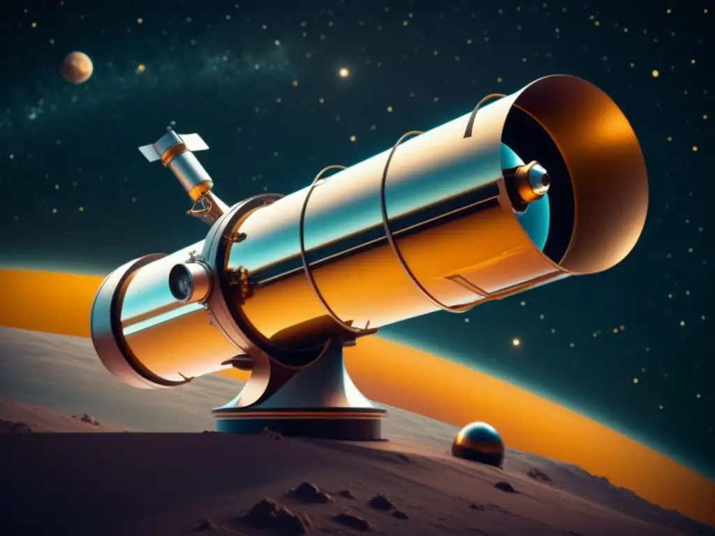 Tecnología redefiniendo exploración: Telescopio vintage flotando en cosmos, con galaxias, nebulosas y estrellas