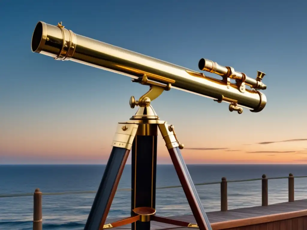 Telescopio marítimo vintage en trípode de madera con grabados y empuñadura de cuero, observaciones astronómicas