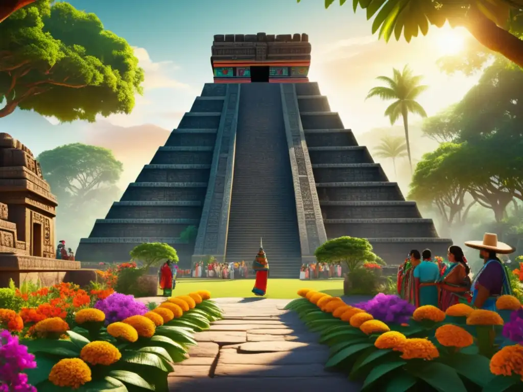 Templo azteca rodeado de naturaleza exuberante y flores vibrantes