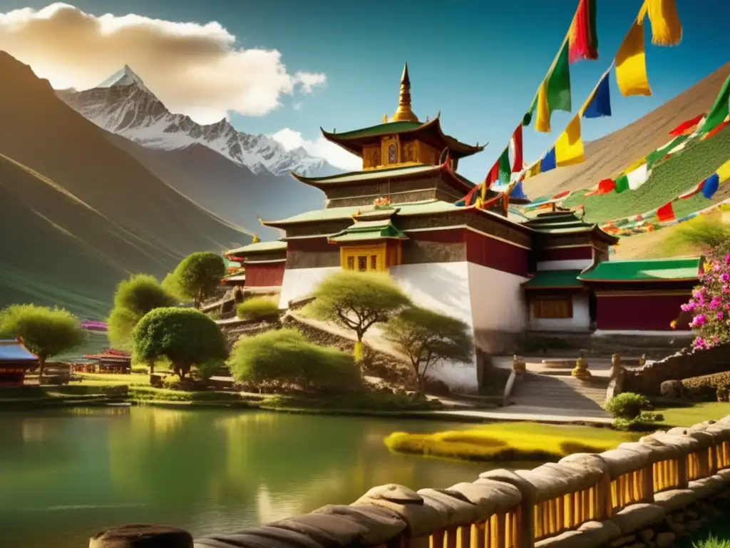 La belleza atemporal del templo budista en las montañas de Tibet refleja el impacto del budismo en la expedición religiosa mundial