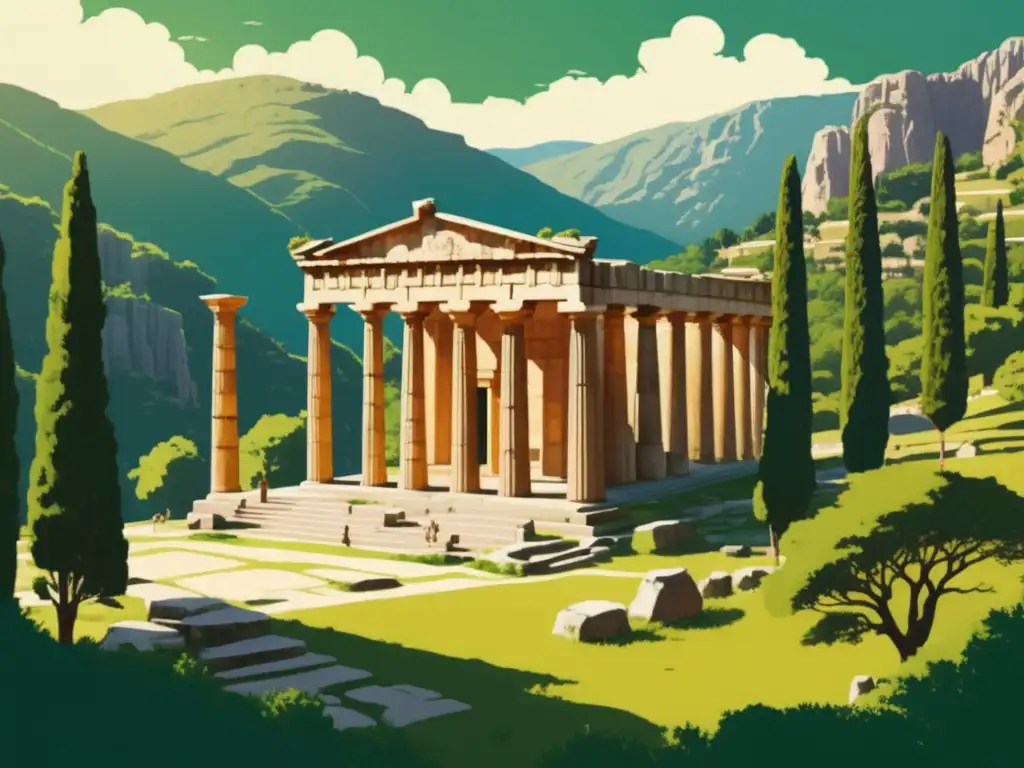 Templo de Apolo en Delphi, rodeado de montañas verdes