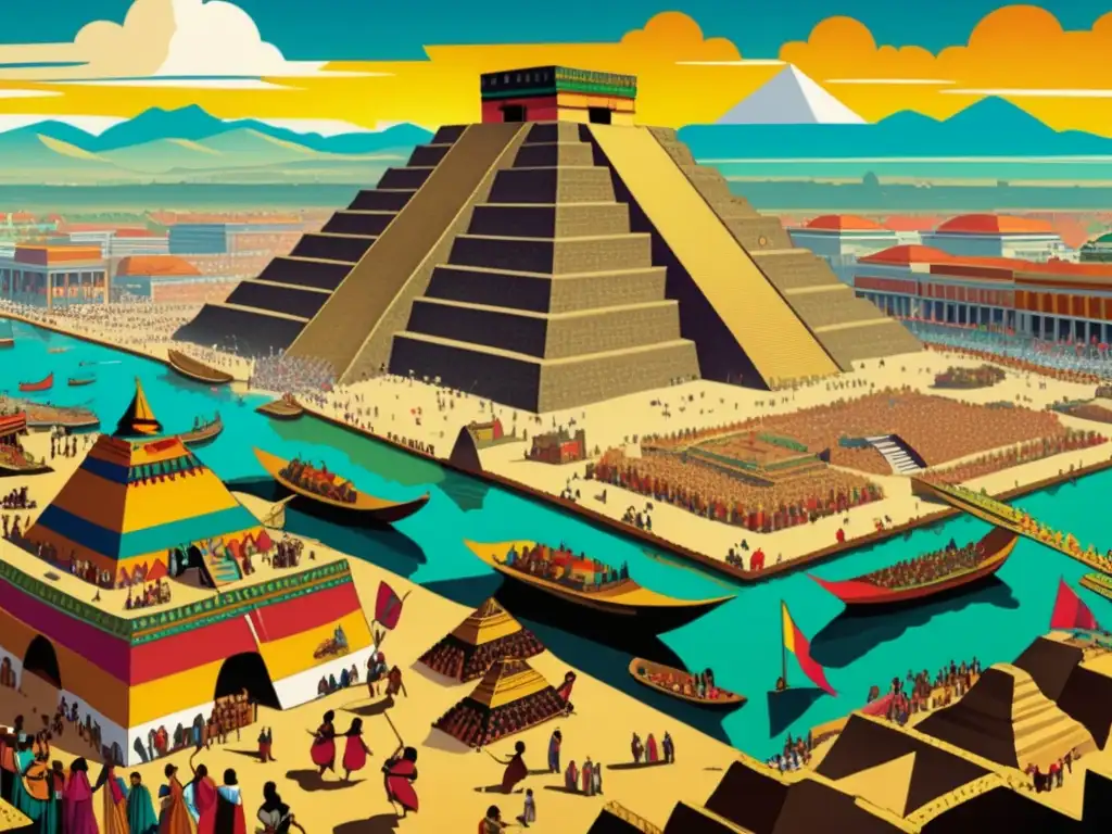 Ilustración vintage de la ciudad de Tenochtitlán, capital del Imperio Azteca, con pirámides, canales, mercados y personajes vestidos tradicionalmente