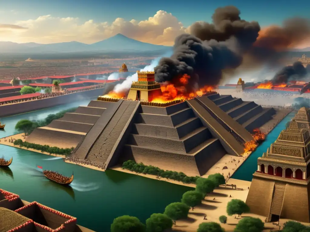 Destrucción de Tenochtitlán: ciudad arrasada por Cortés, caos y transformación en una imagen histórica de impacto