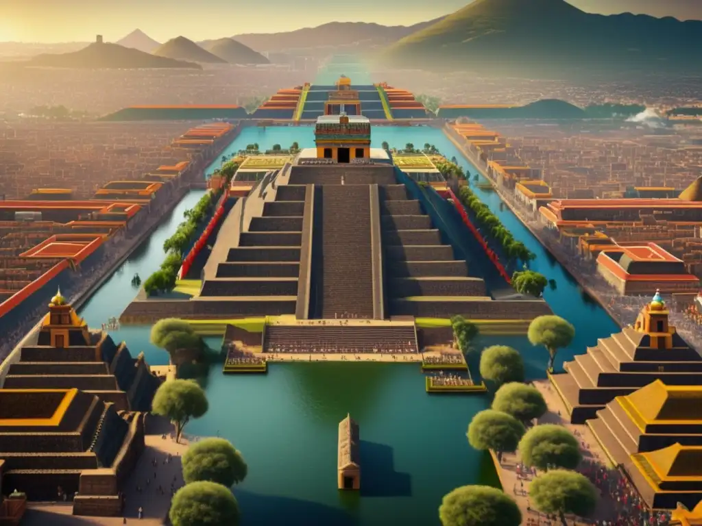 Tenochtitlán: ciudad azteca histórica con arquitectura imponente y conflicto con los conquistadores españoles