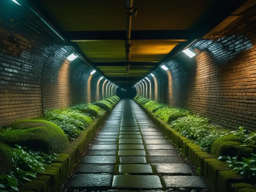 Ciudades Subterráneas de Tokio: Túnel subterráneo vintage con ladrillos envejecidos, musgo y luz suave