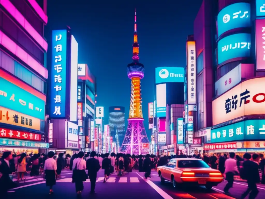 Calles vibrantes y rascacielos en Tokio con filtro vintage, capturando la energía y la identidad de la ciudad